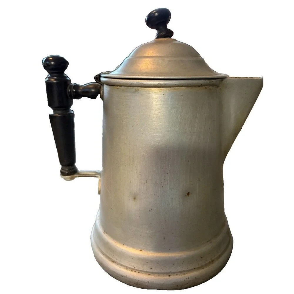 Vintage Aluminum Coffee Pot Hinged Lid Black Handle Strainer Spout Primitive